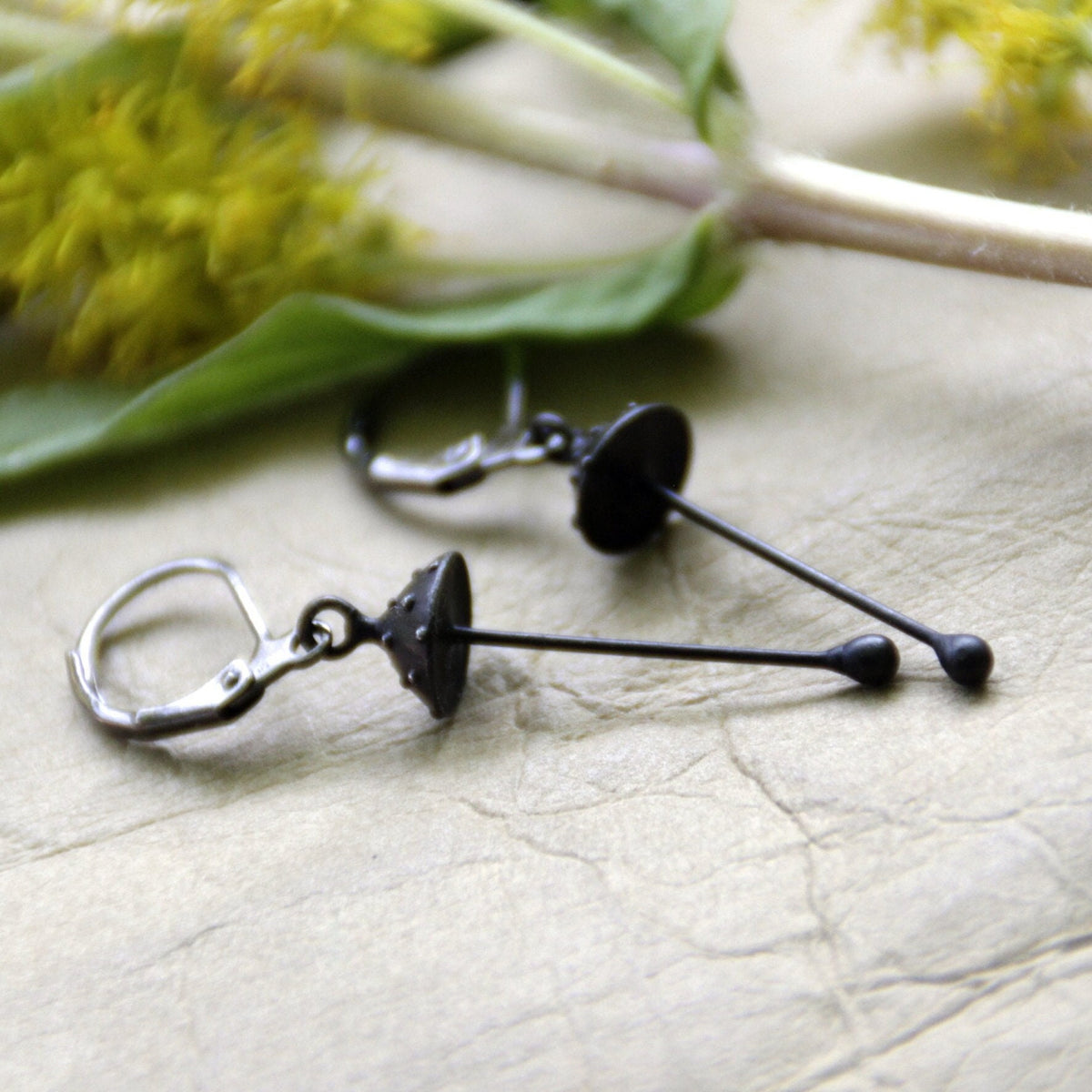 Black Amanita Mushroom Earrings – Copper & Pewter Long Stem Dangles – Forest Witch