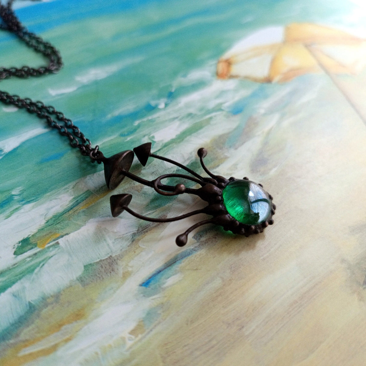 Green Glass Long Stem Mushroom Necklace – Blackened Copper