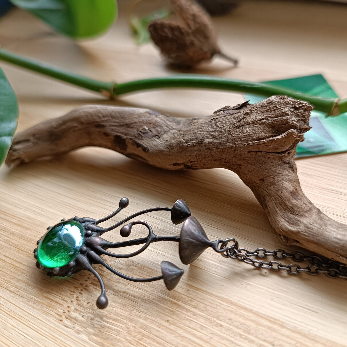 Green Glass Long Stem Mushroom Necklace – Blackened Copper
