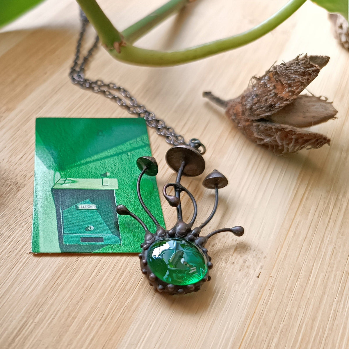 Green Glass Long Stem Mushroom Necklace – Blackened Copper