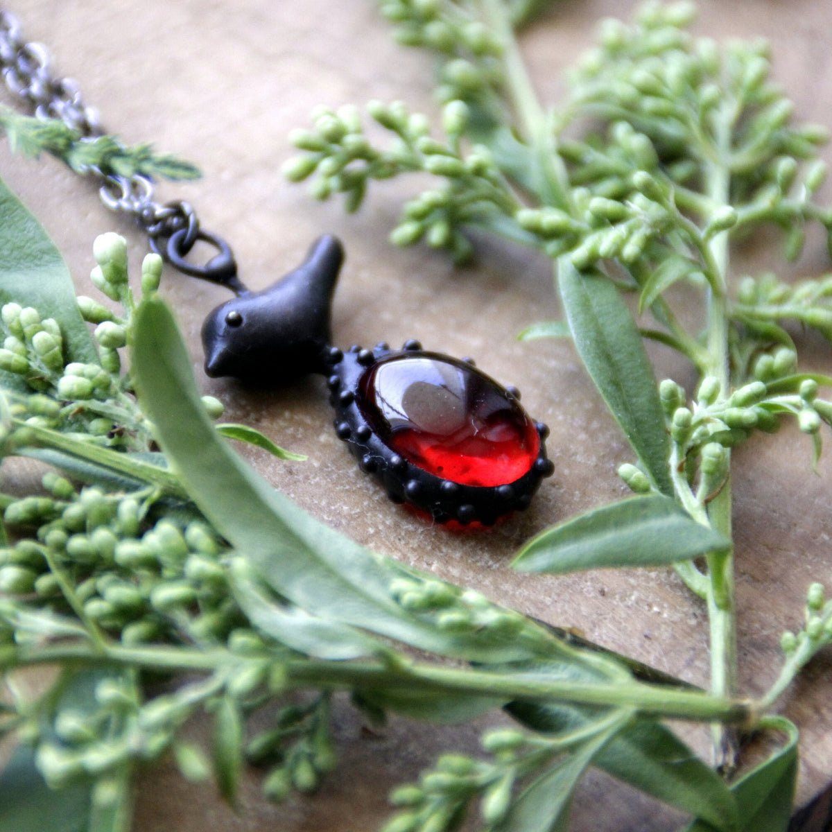 Red Glass Bird Necklace – Blackened Copper & Pewter Woodland Pendant – Boho