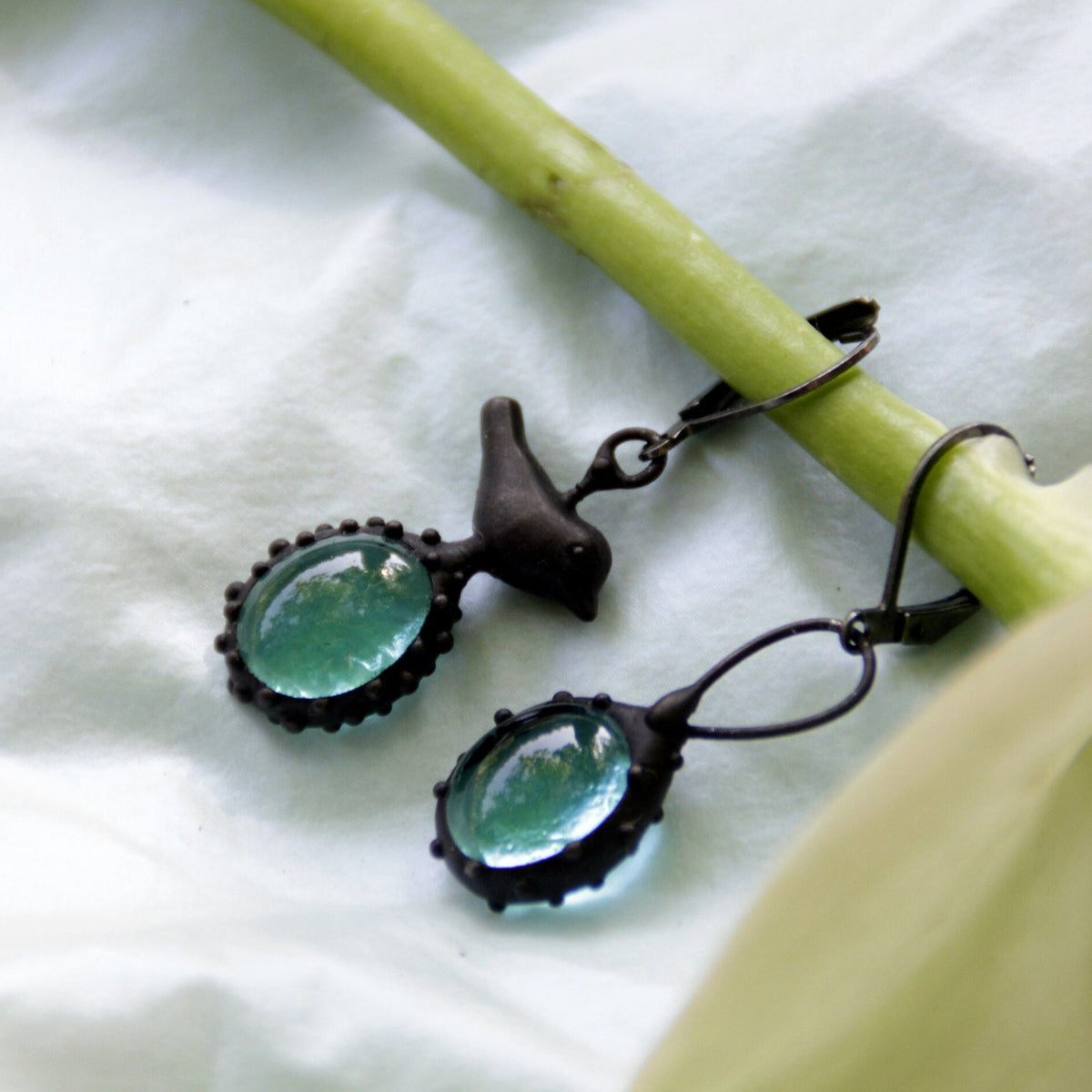 Teal Blue Glass Asymmetrical Bird Earrings – Blackened Copper
