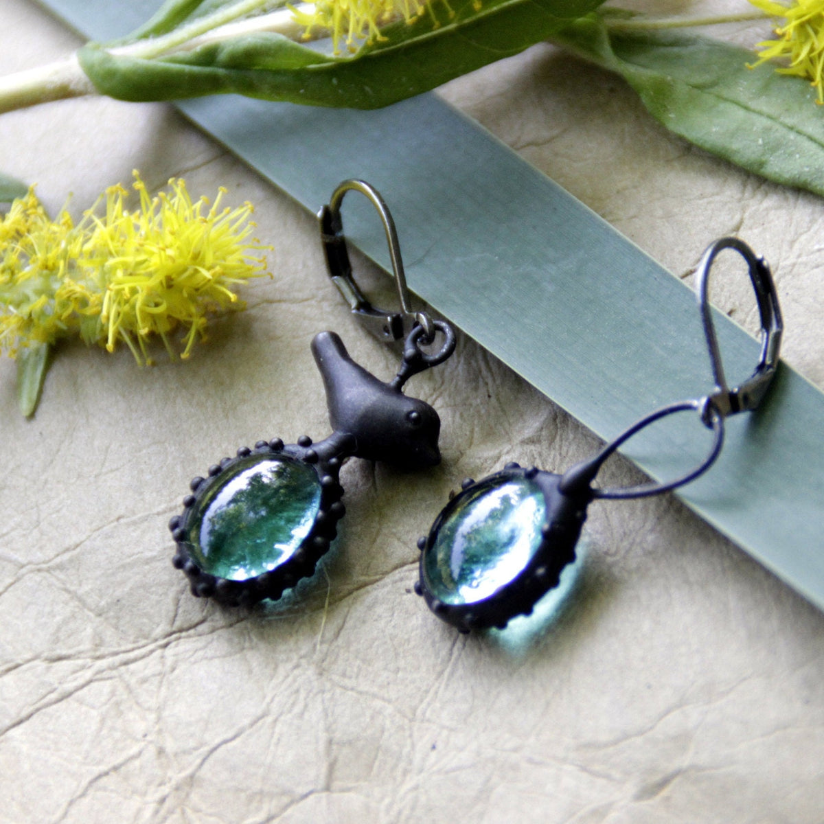 Teal Blue Glass Asymmetrical Bird Earrings – Blackened Copper