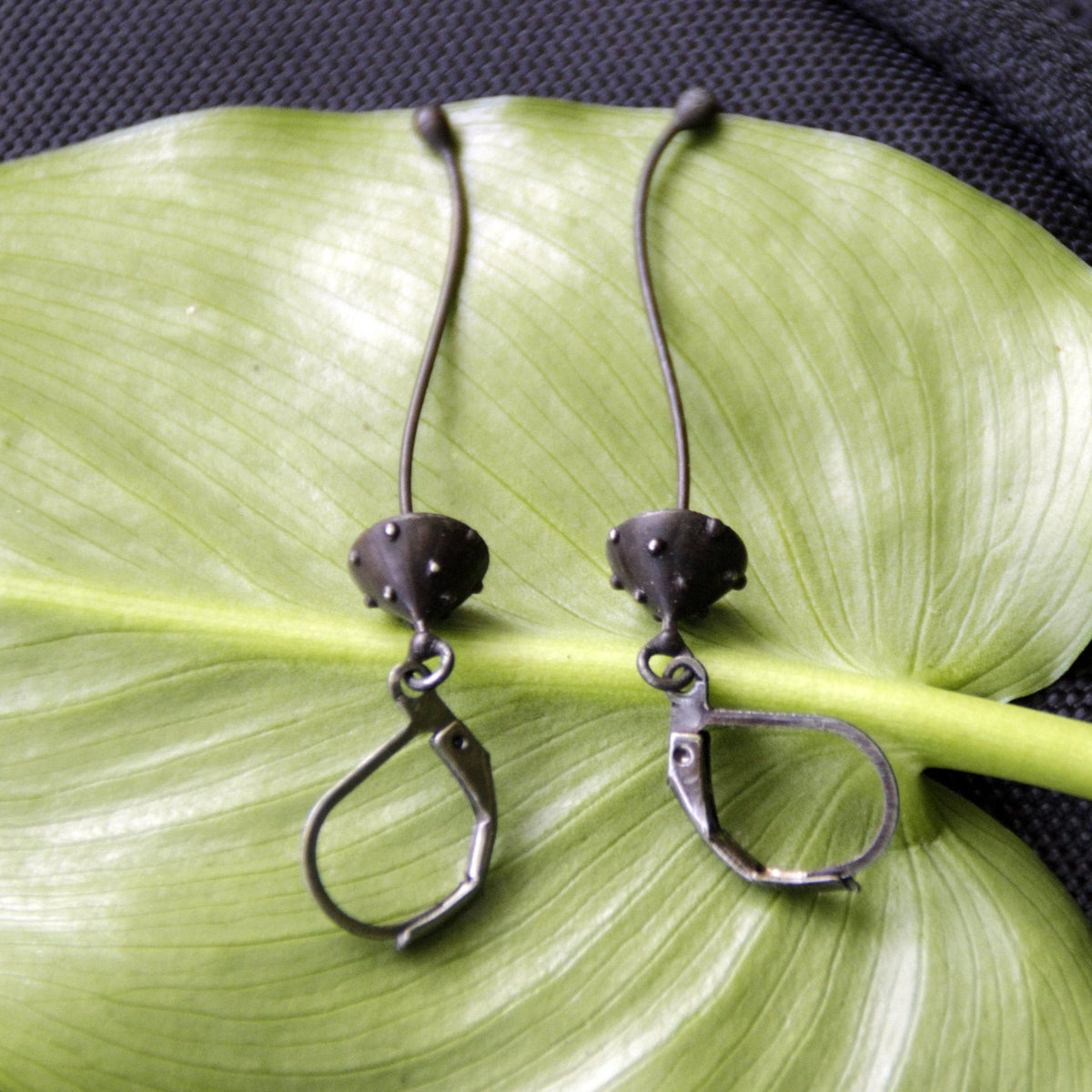 Black Amanita Long Stem Earrings – Copper & Pewter