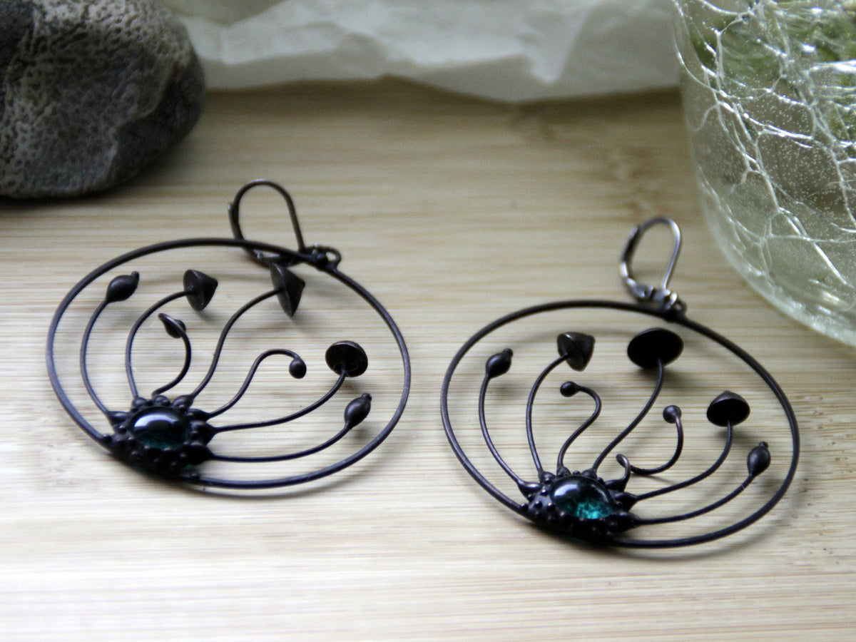 Green Glass Mushroom Trio Hoop Earrings – Blackened Copper