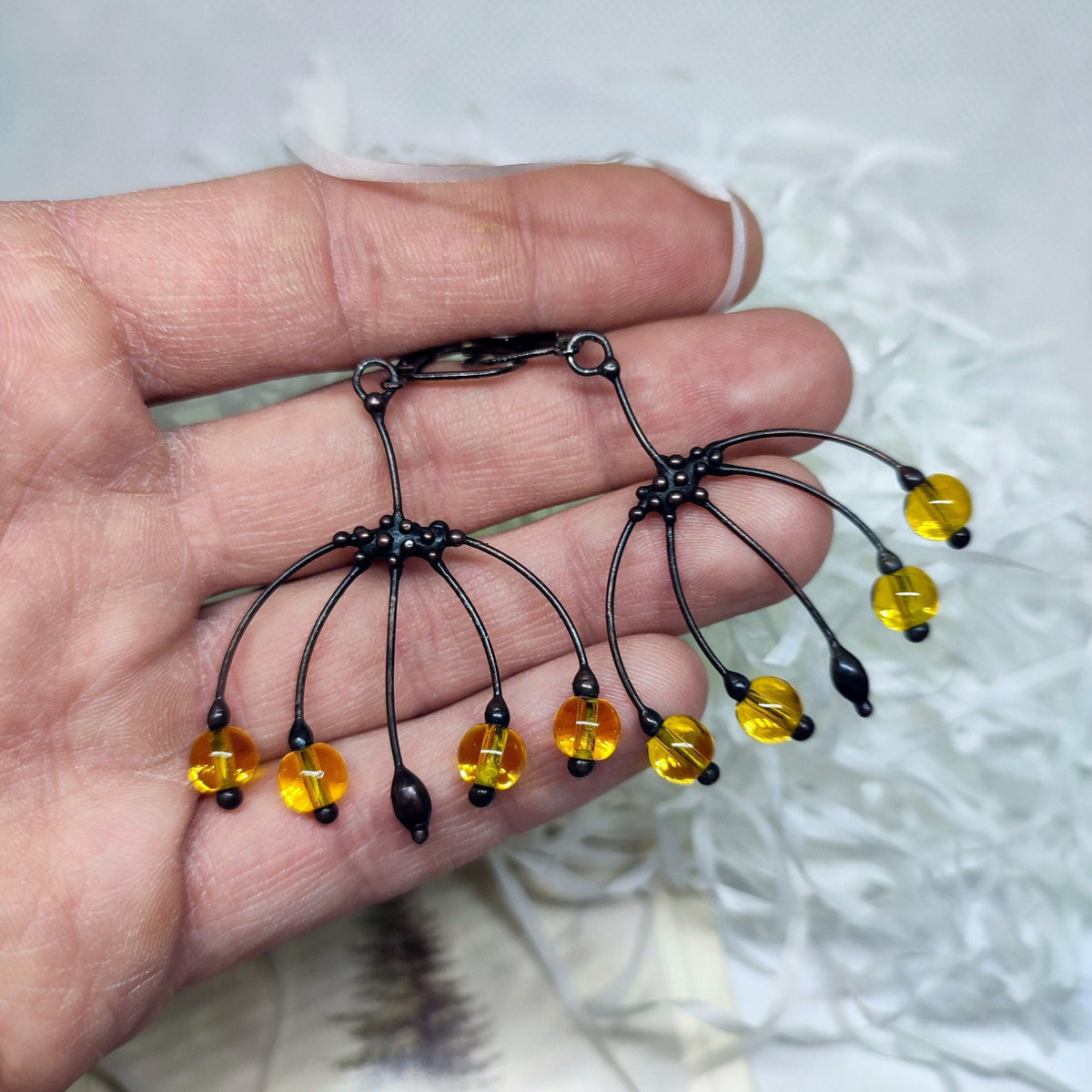 Yellow Glass Flower Earrings – Blackened Copper Botanical Dangles – Boho Forest