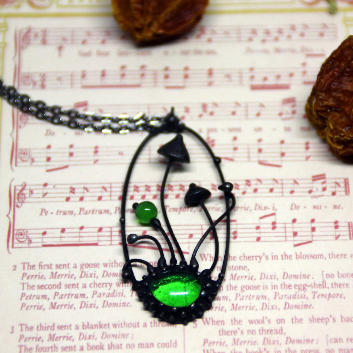 Two Mushroom Green Glass Oval Necklace – Blackened Copper