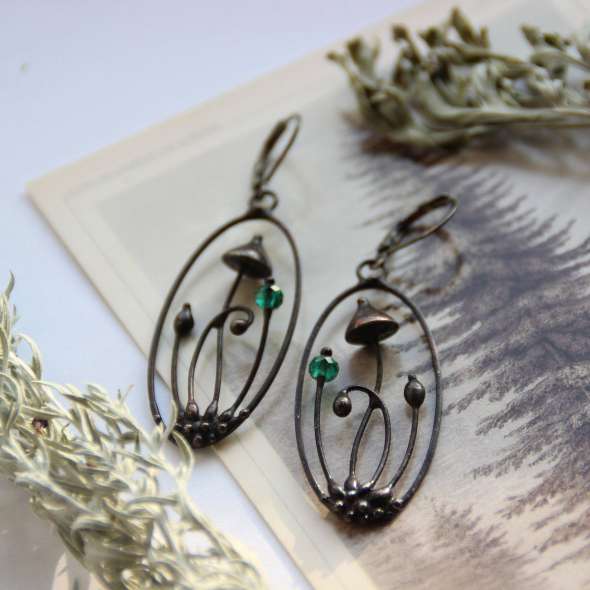 Faceted Green Glass Mushroom Oval Earrings – Blackened Copper