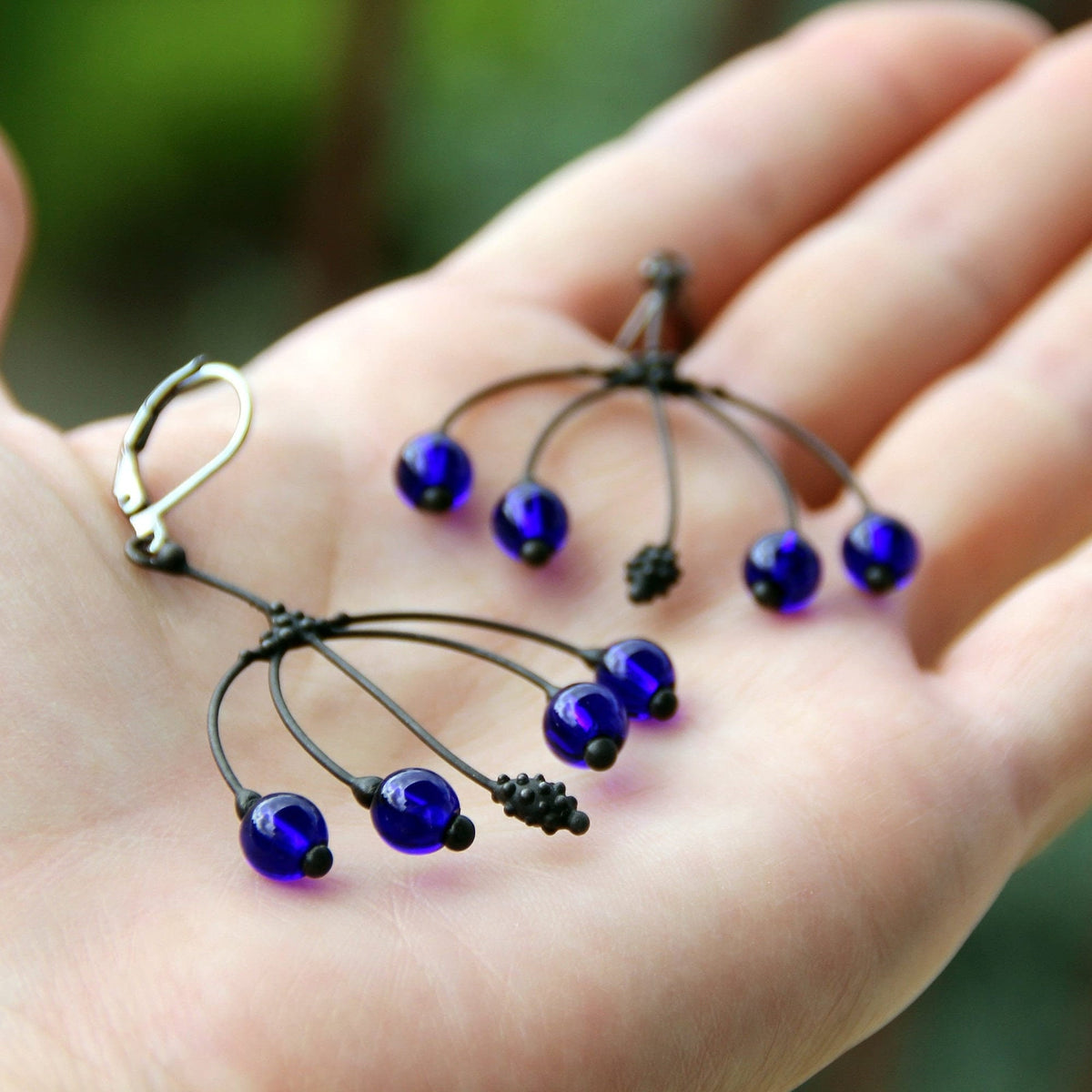 Cobalt Blue Glass Branch Earrings – Blackened Copper Botanical Dangles – Nature Inspired