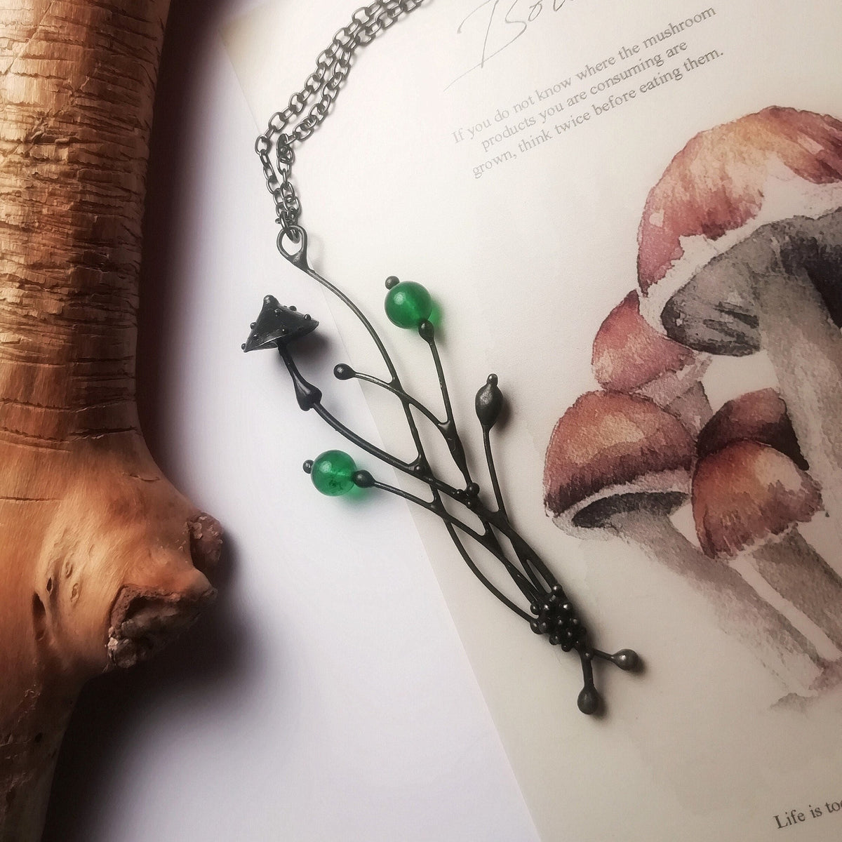 Green Glass Mushroom Pendant Necklace – Blackened Copper Forest – Botanical