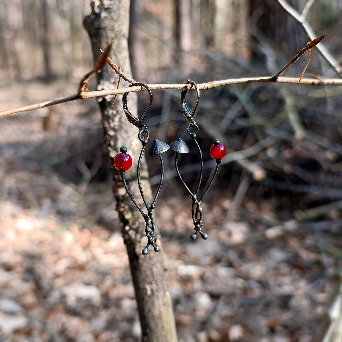 Red Glass Mushroom Earrings – Blackened Copper & Pewter Forest Dangles – Botanical