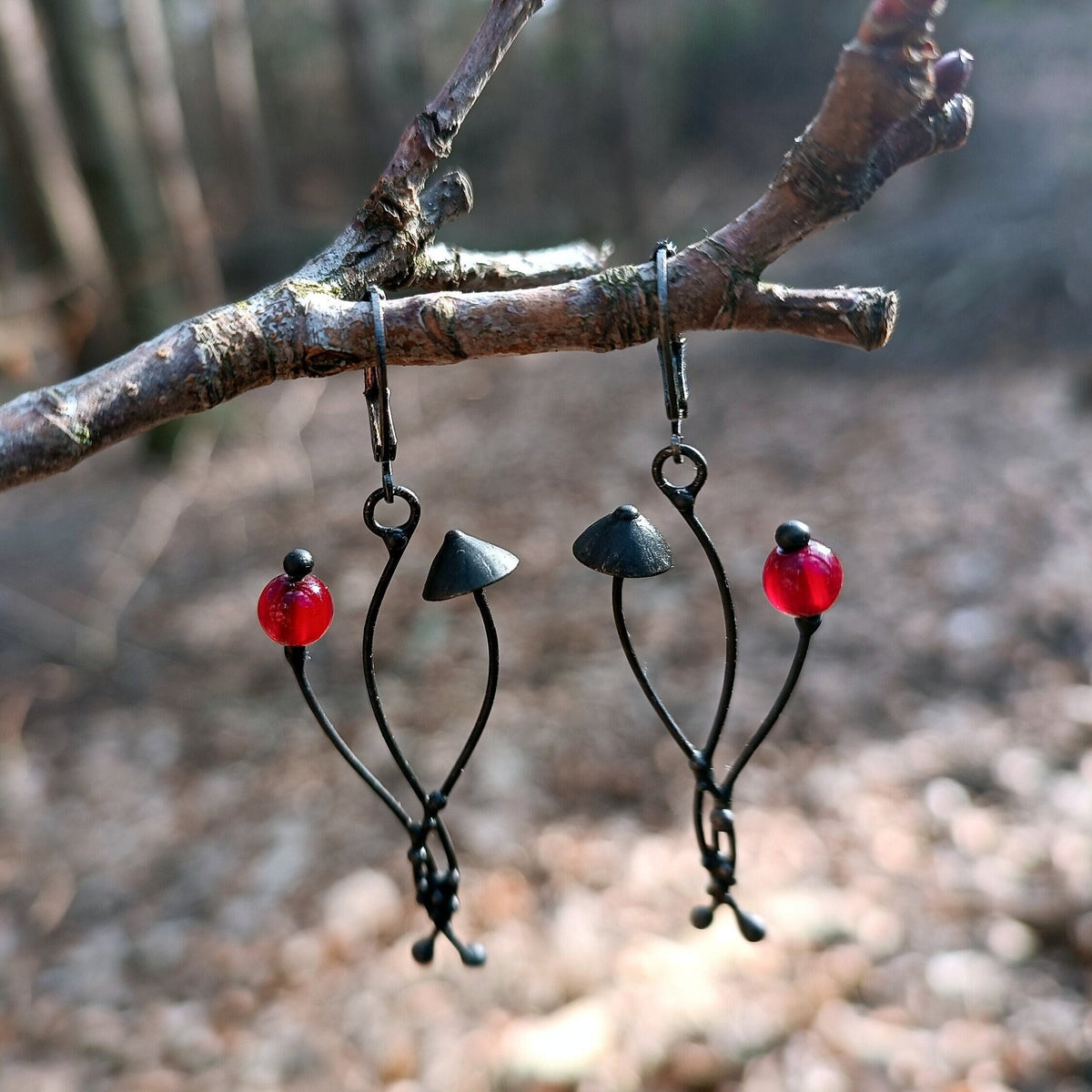 Red Glass Mushroom Earrings – Blackened Copper & Pewter Forest Dangles – Botanical