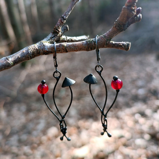 Red Glass Mushroom Earrings – Blackened Copper & Pewter Forest Dangles – Botanical