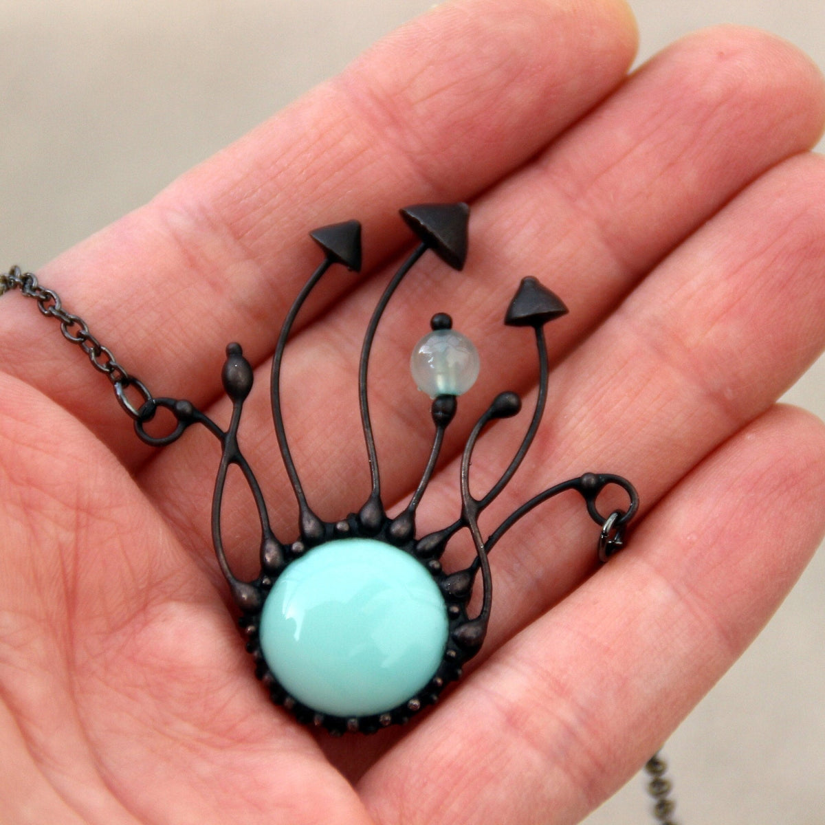 Blue Glass Mushroom Necklace – Blackened Copper Forest Pendant – Psychedelic Botanical