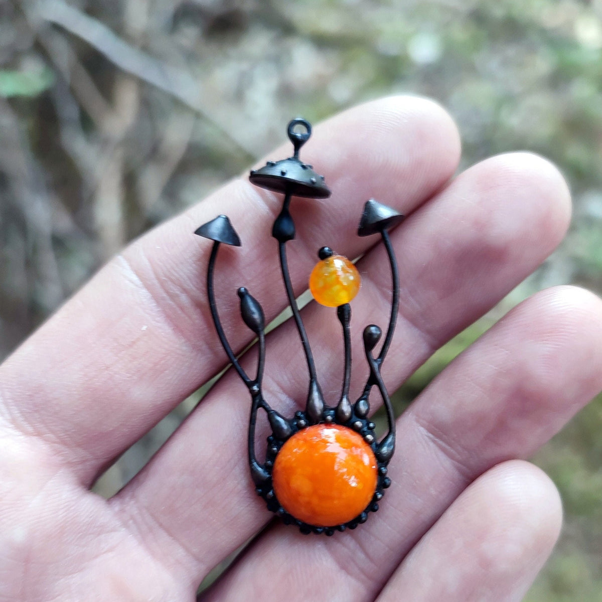 Orange Glass Amanita Mushroom Necklace – Blackened Copper