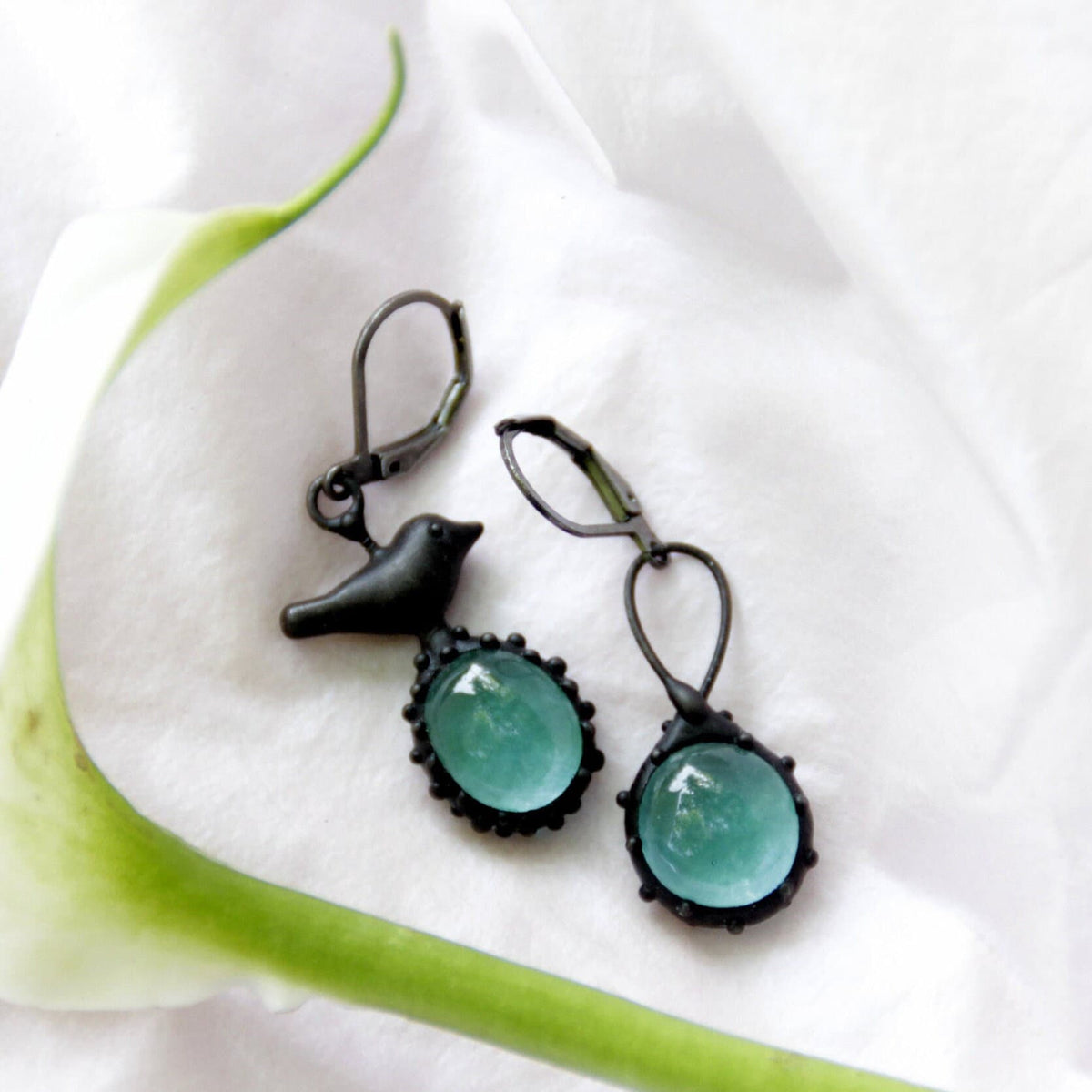 Teal Blue Glass Asymmetrical Bird Earrings – Blackened Copper