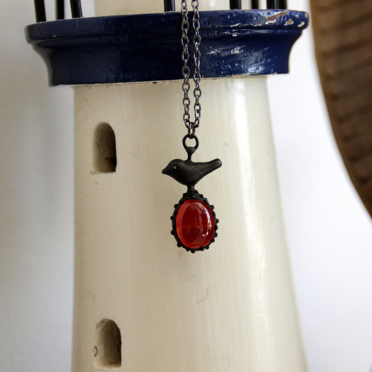 Red Glass Bird Necklace – Blackened Copper & Pewter Woodland Pendant – Boho