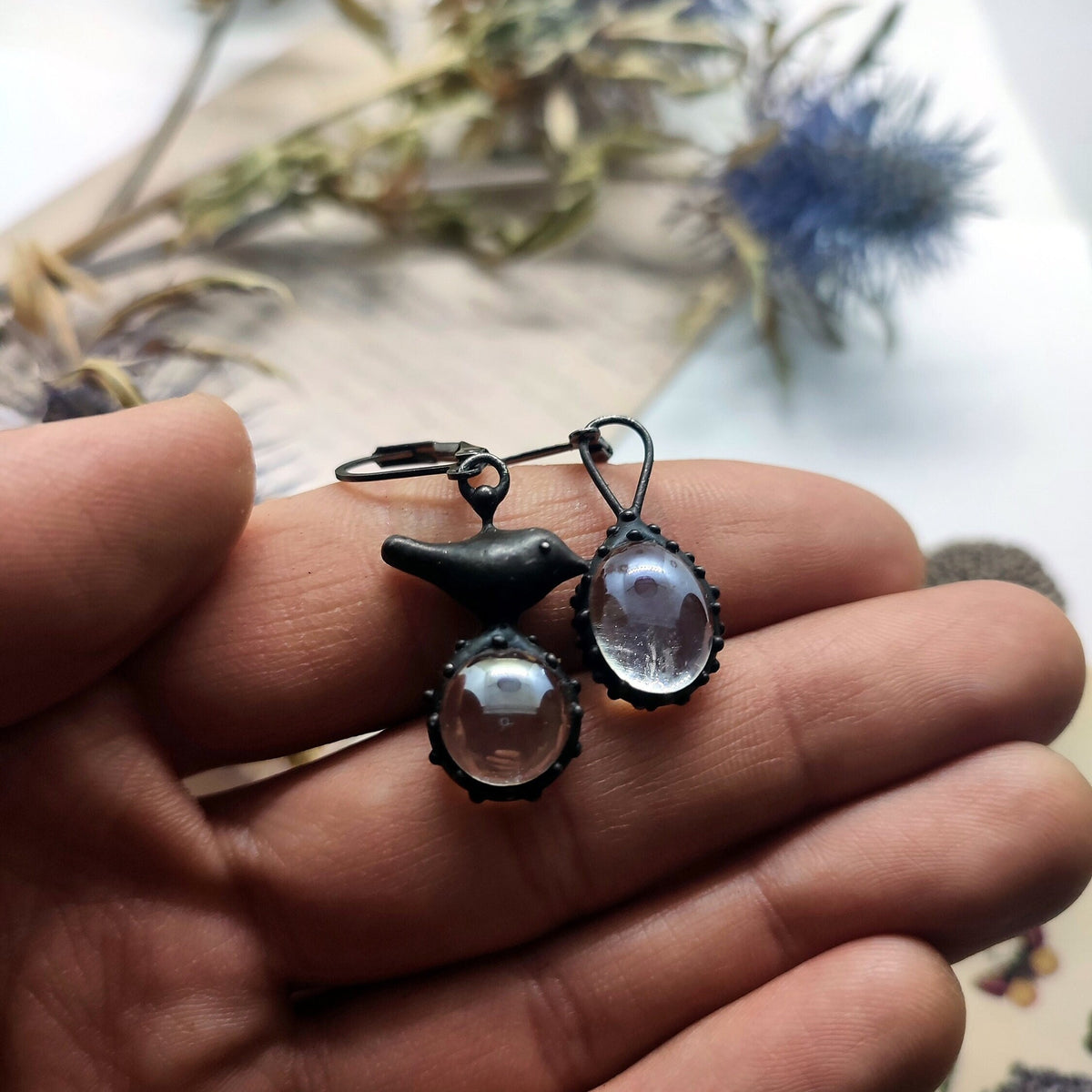 Clear Glass Asymmetrical Bird Earrings – Blackened Copper