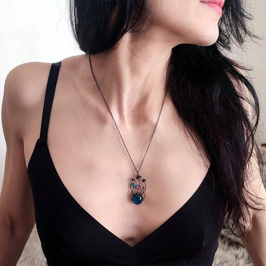 Blue Glass Amanita Mushroom Necklace – Blackened Copper & Pewter Forest Pendant