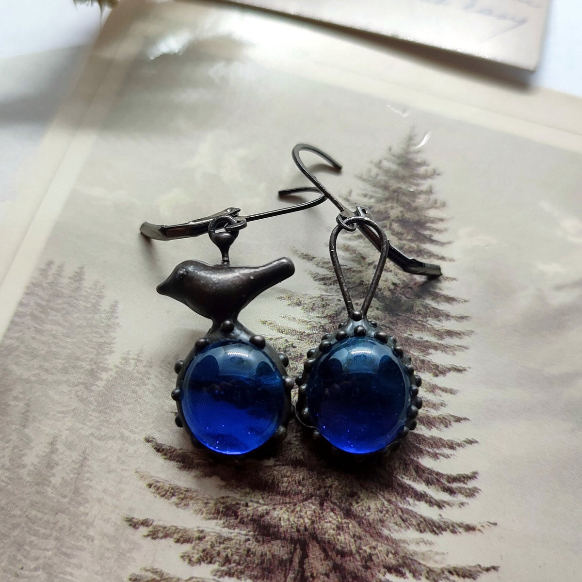 Cobalt Blue Glass Asymmetrical Bird Earrings – Blackened Copper