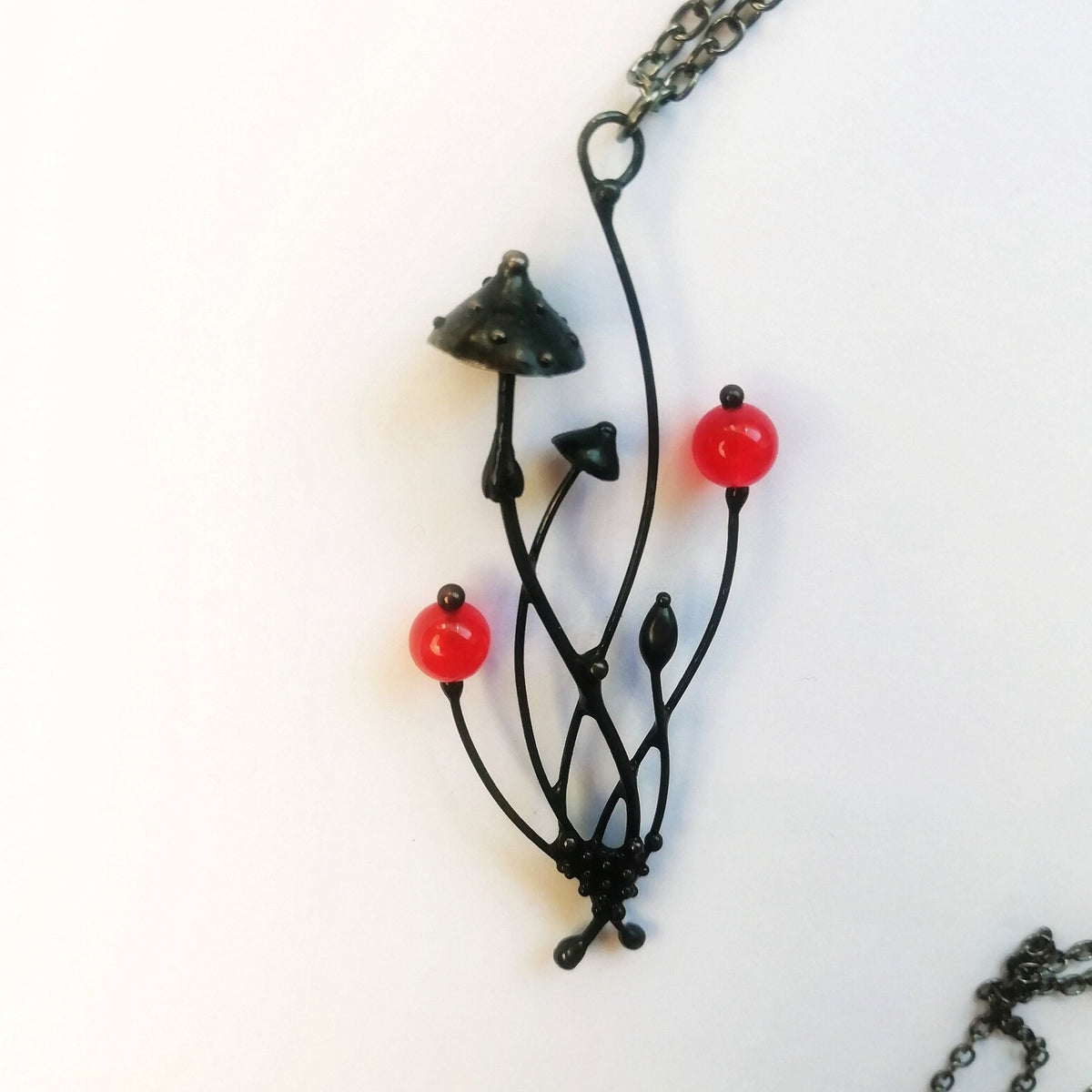 Red Glass Amanita Mushroom Necklace – Blackened Copper Forest Pendant – Botanical