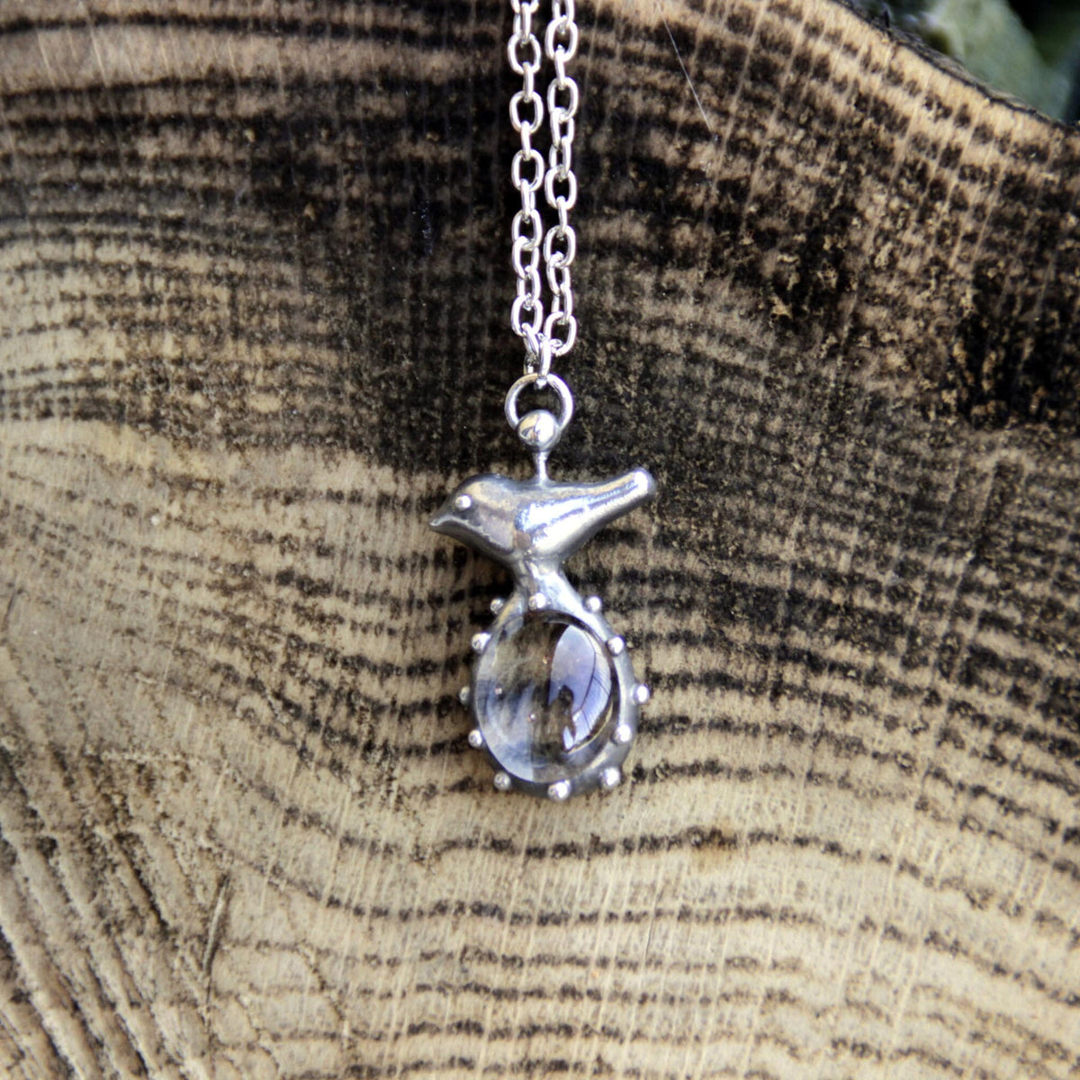 Clear Glass Bird Necklace – Silver Tone
