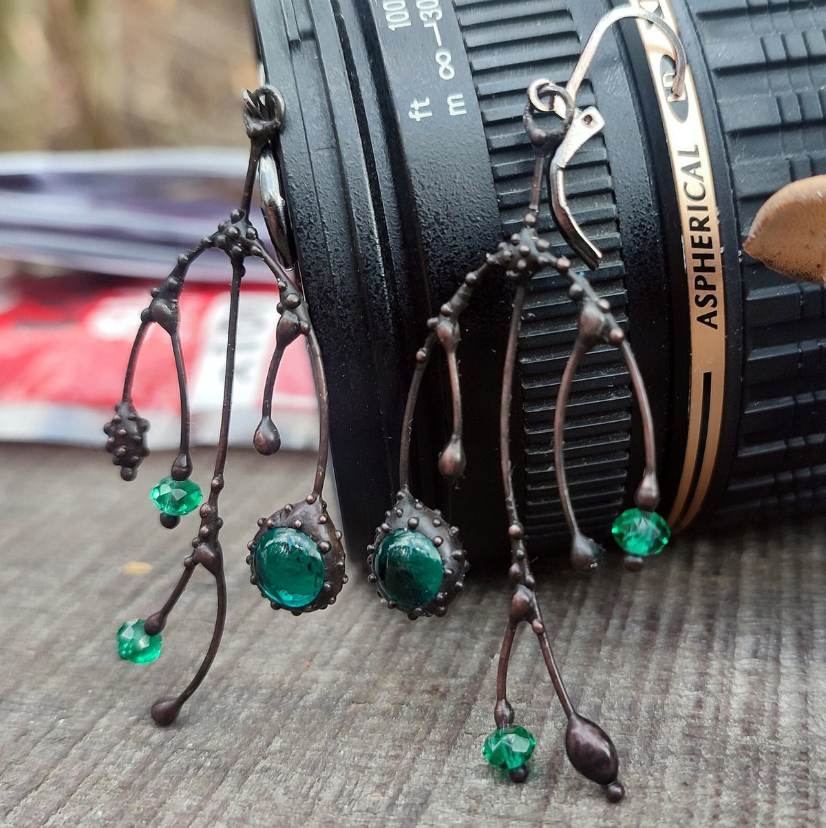 Green Glass Asymmetrical Branch Earrings – Blackened Copper
