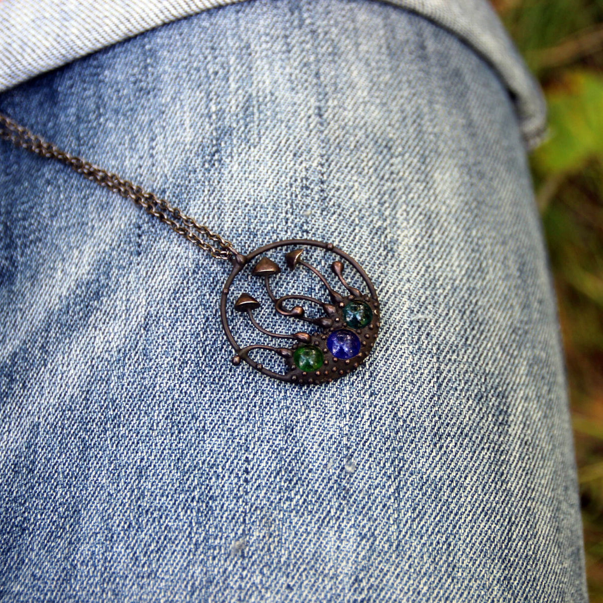 Multicolor Glass Mushroom Necklace – Blackened Copper Round Forest Pendant – Botanical