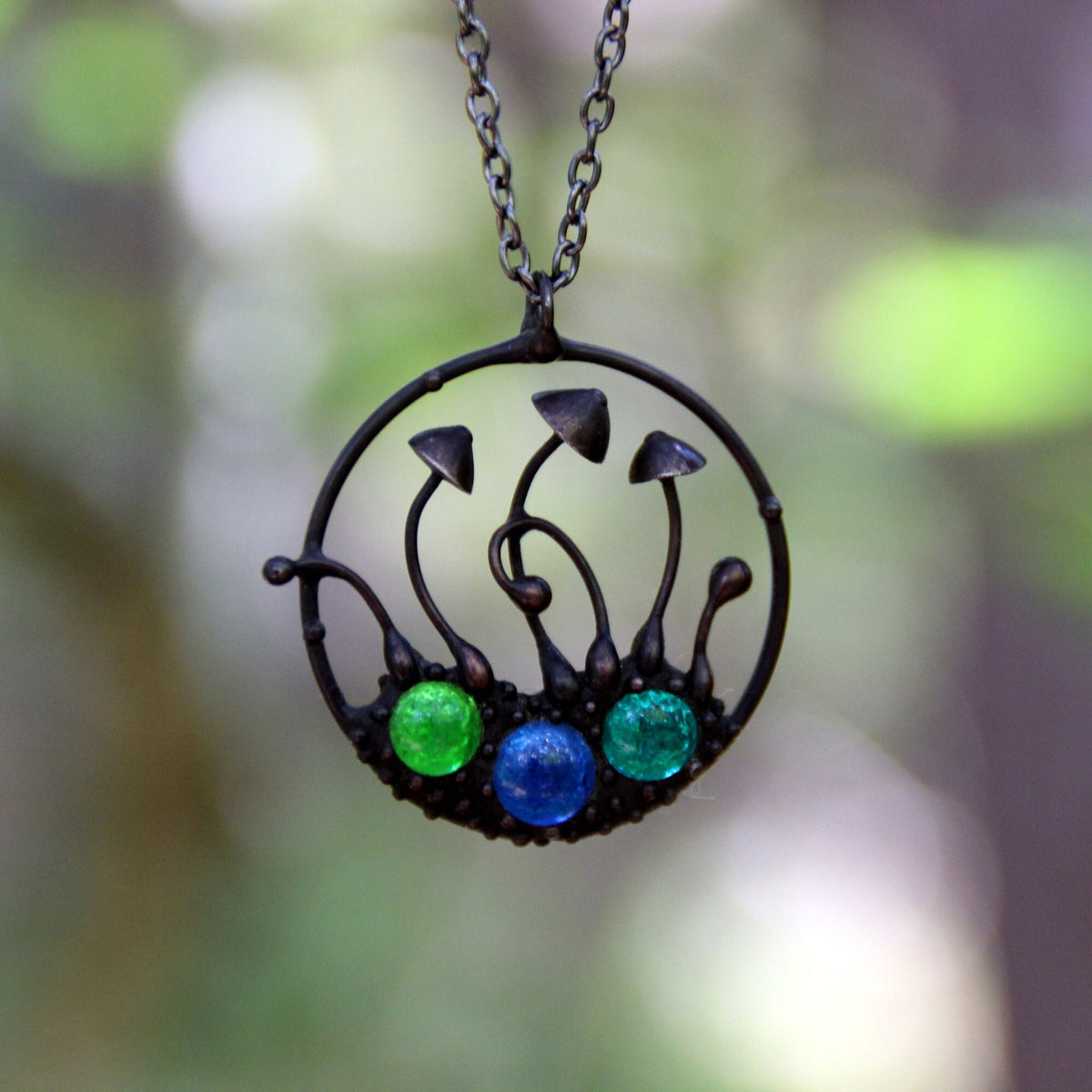 Multicolor Glass Mushroom Necklace – Blackened Copper Round Forest Pendant – Botanical