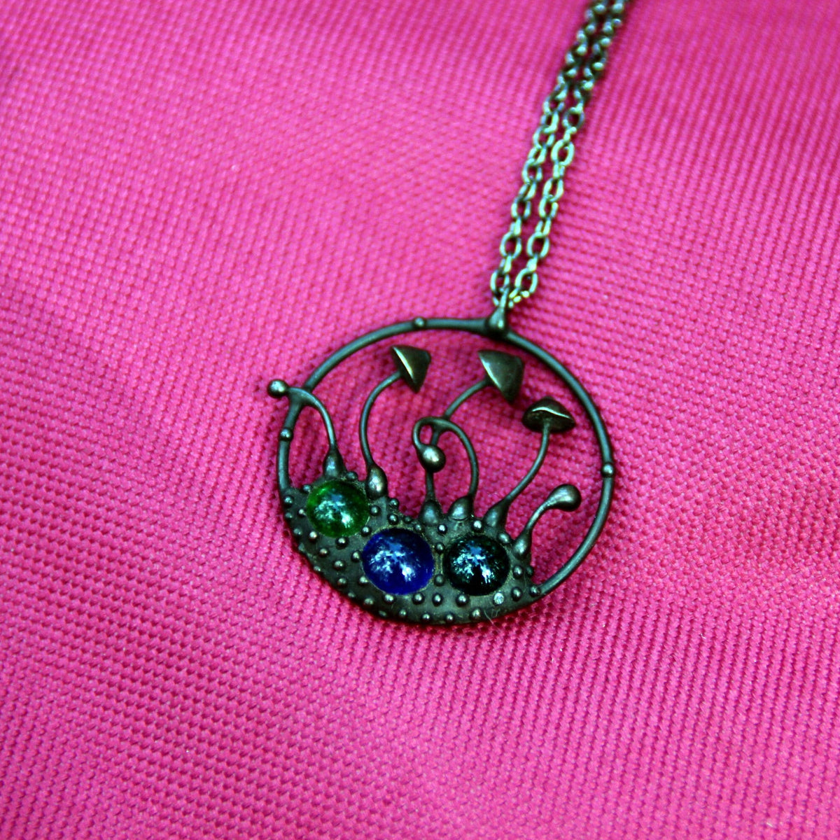 Multicolor Glass Mushroom Necklace – Blackened Copper Round Forest Pendant – Botanical