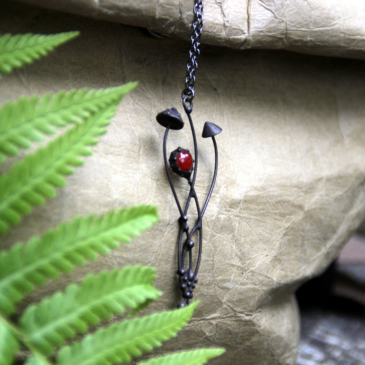 Red Glass Mushroom Necklace – Blackened Copper & Pewter Forest Pendant – Botanical
