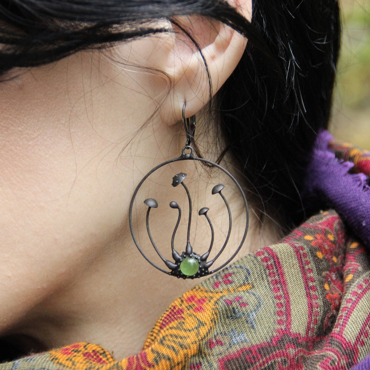Green Glass Amanita Hoop Earrings – Blackened Copper