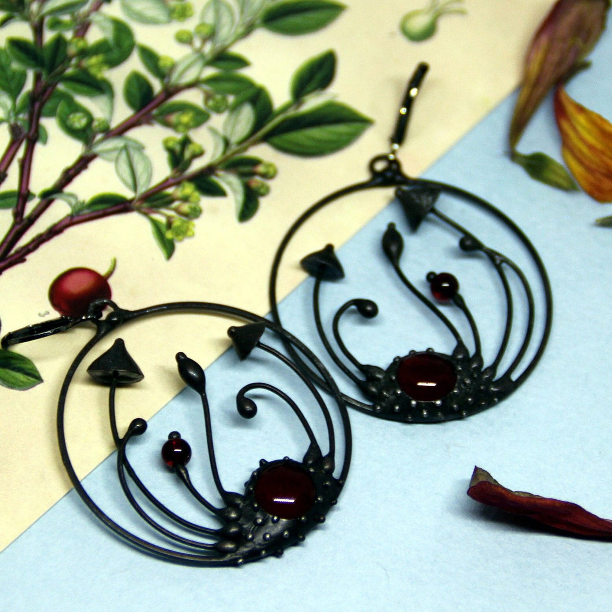 Red Glass Mushroom Hoop Earrings – Blackened Copper Forest Dangles – Botanical