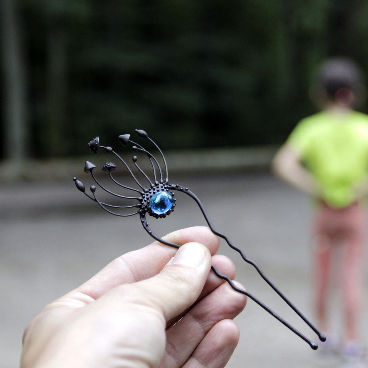 Blue Glass Mushroom Hair Pin – Blackened Copper Forest Hair Fork – Fairycore
