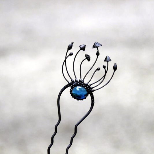 Blue Glass Mushroom Hair Pin – Blackened Copper Forest Hair Fork – Fairycore
