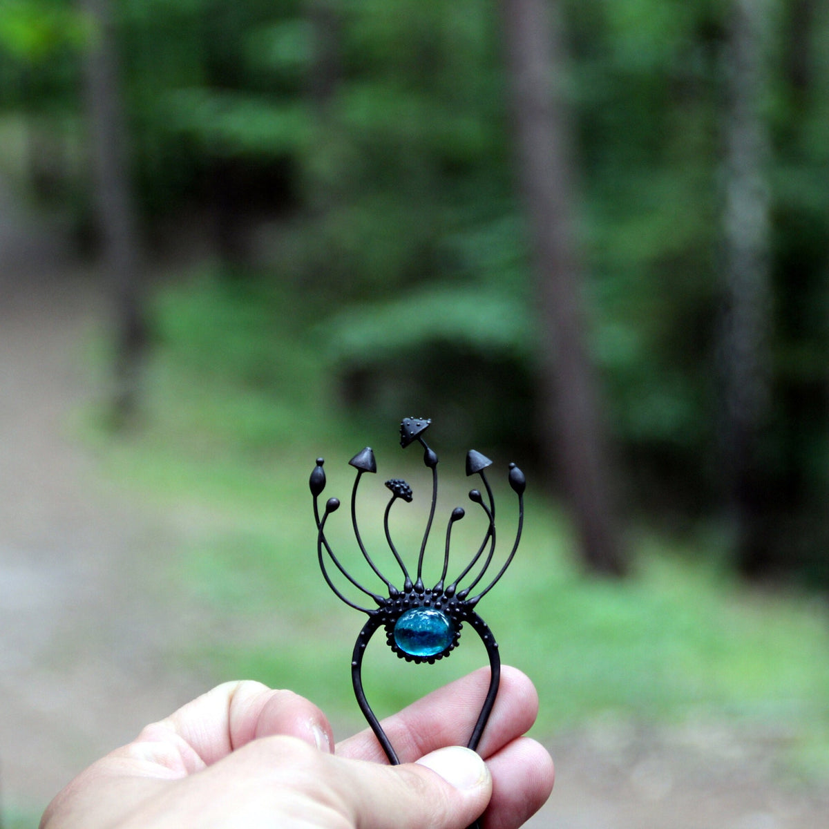 Blue Glass Mushroom Hair Pin – Blackened Copper Forest Hair Fork – Fairycore