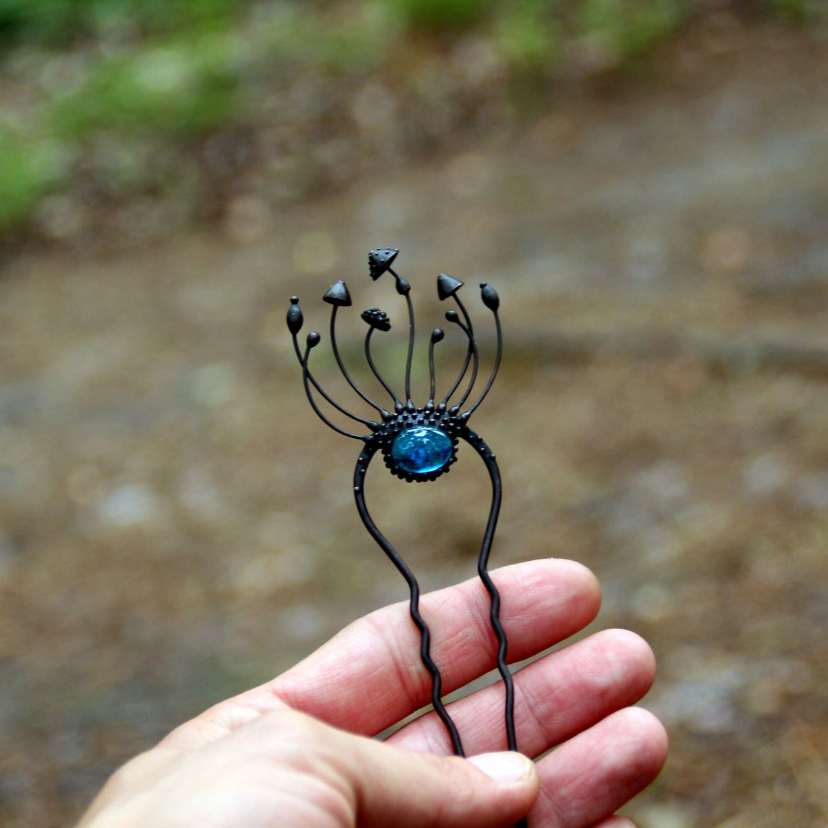Blue Glass Mushroom Hair Pin – Blackened Copper Forest Hair Fork – Fairycore