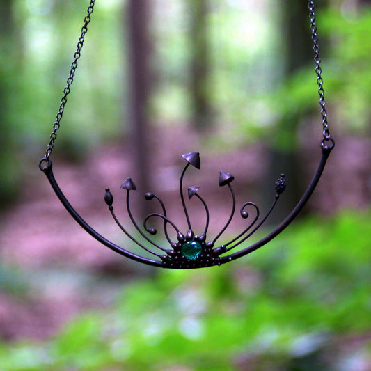 Green Glass Mushroom Necklace – Blackened Copper Forest Collar – Cottagecore Fungi