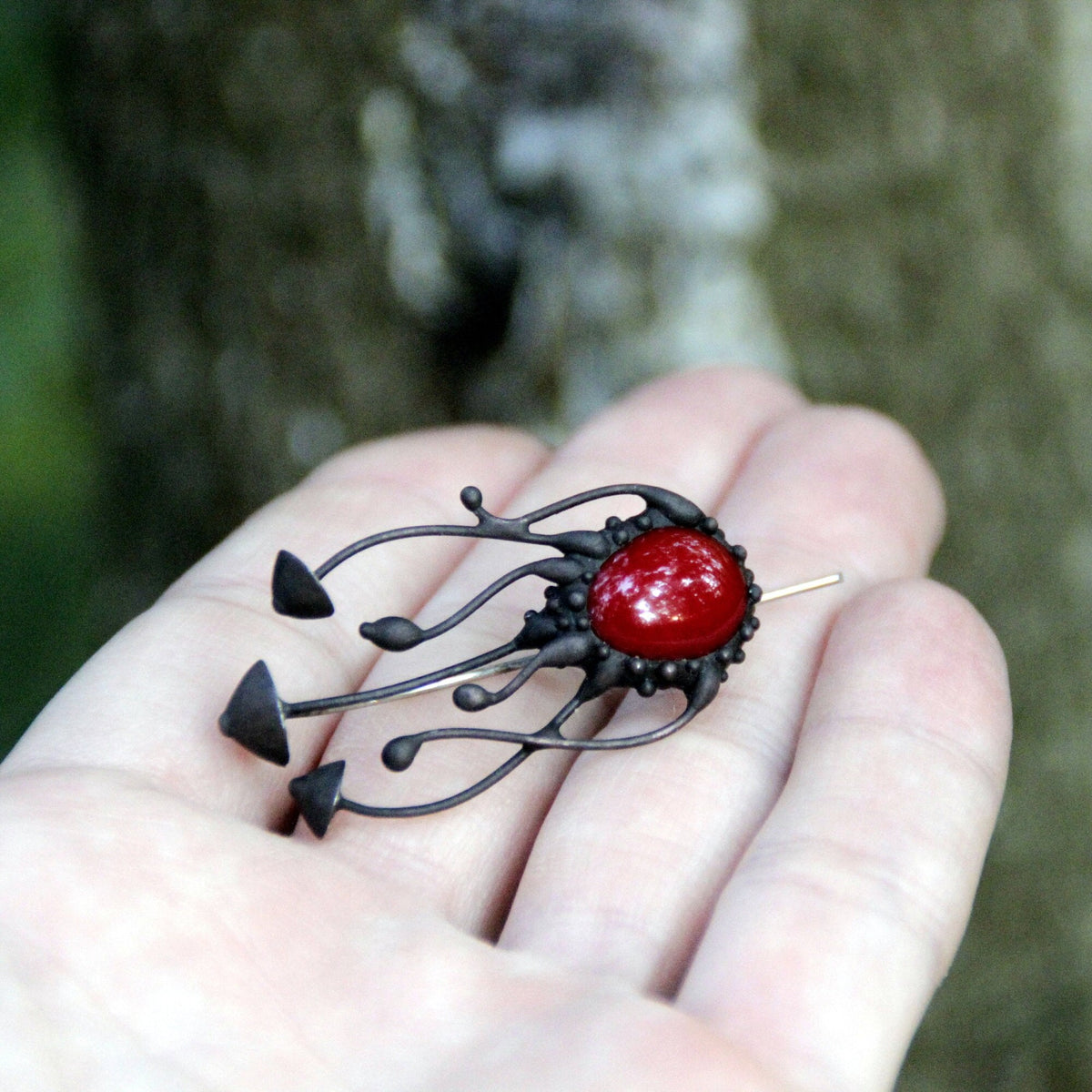Red Glass Mushroom Brooch – Blackened Copper