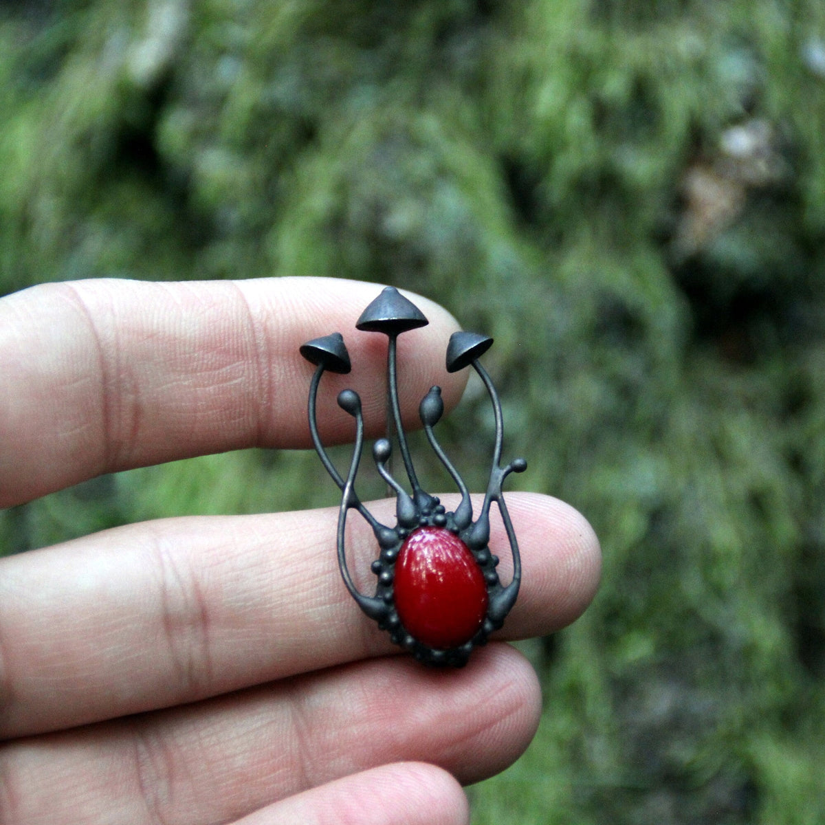 Red Glass Mushroom Brooch – Blackened Copper