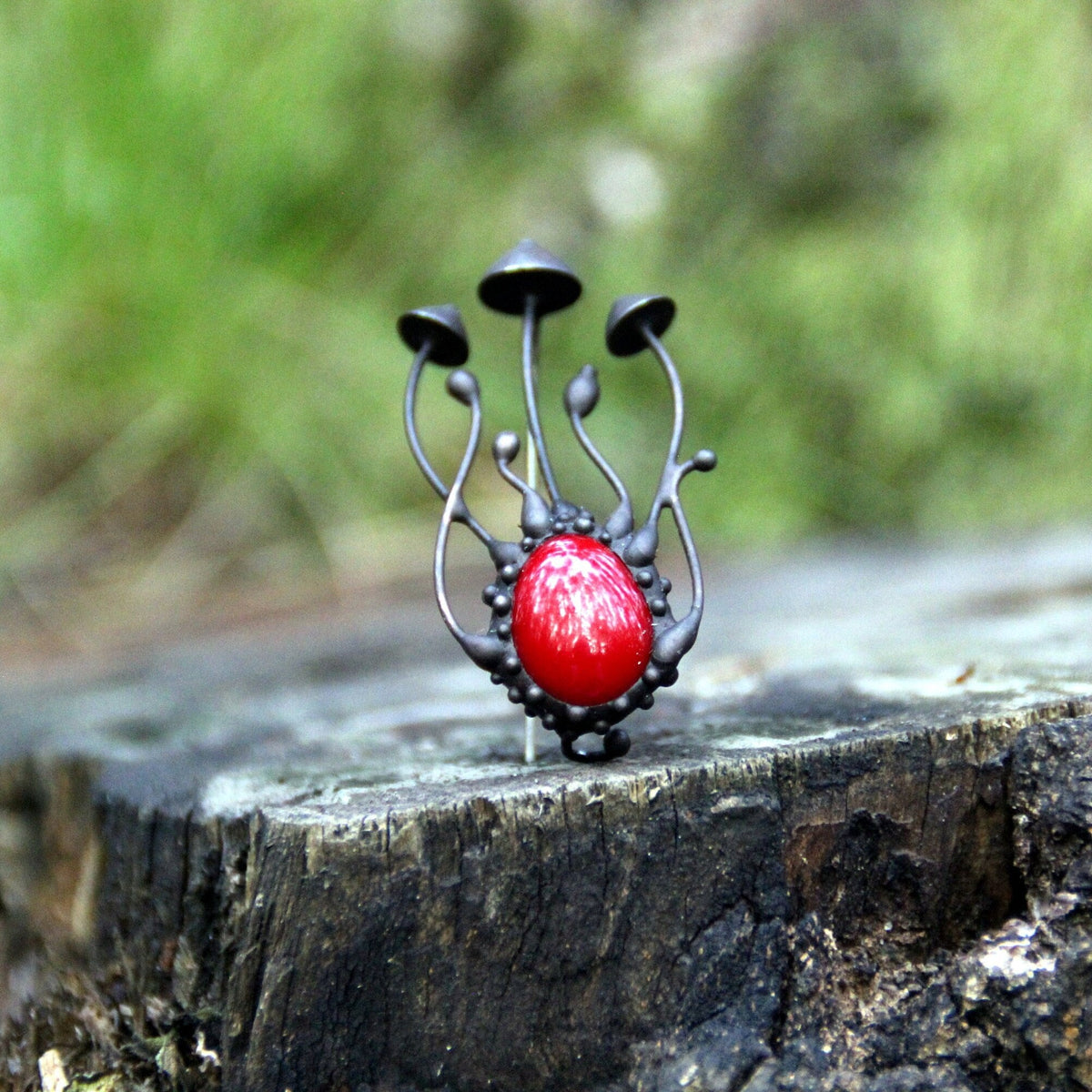 Red Glass Mushroom Brooch – Blackened Copper