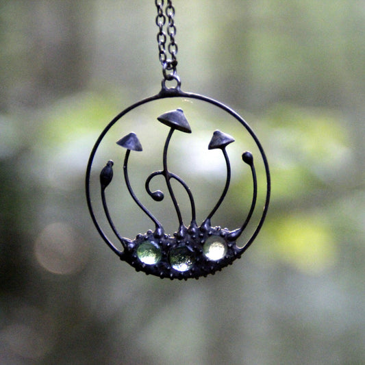Green Glass Mushroom Necklace – Blackened Copper Round Forest Pendant – Botanical Fungi