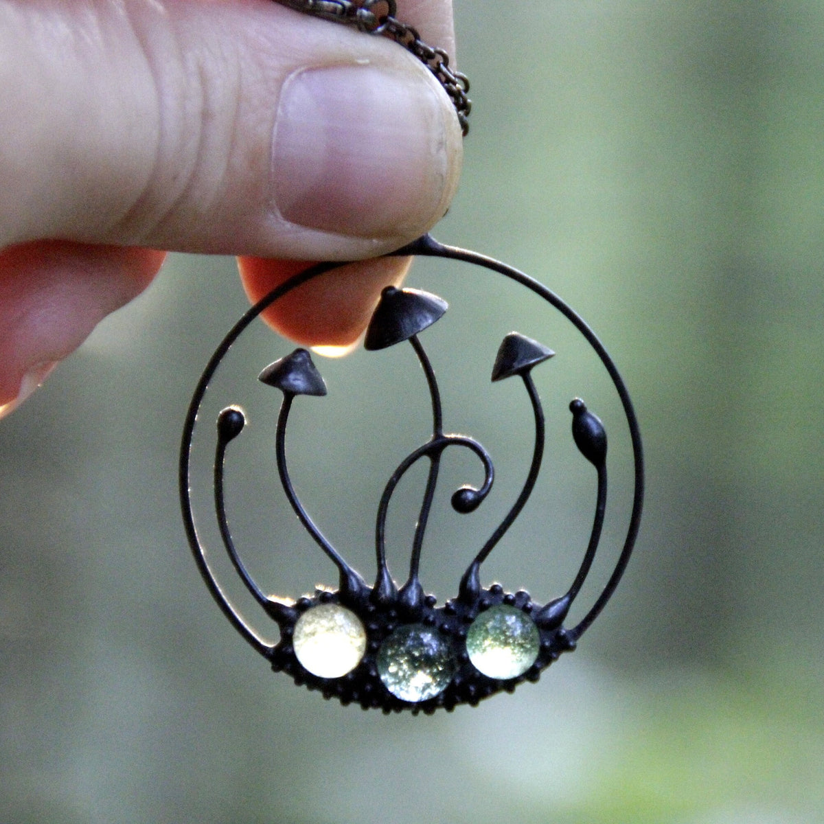 Green Glass Mushroom Necklace – Blackened Copper Round Forest Pendant – Botanical Fungi