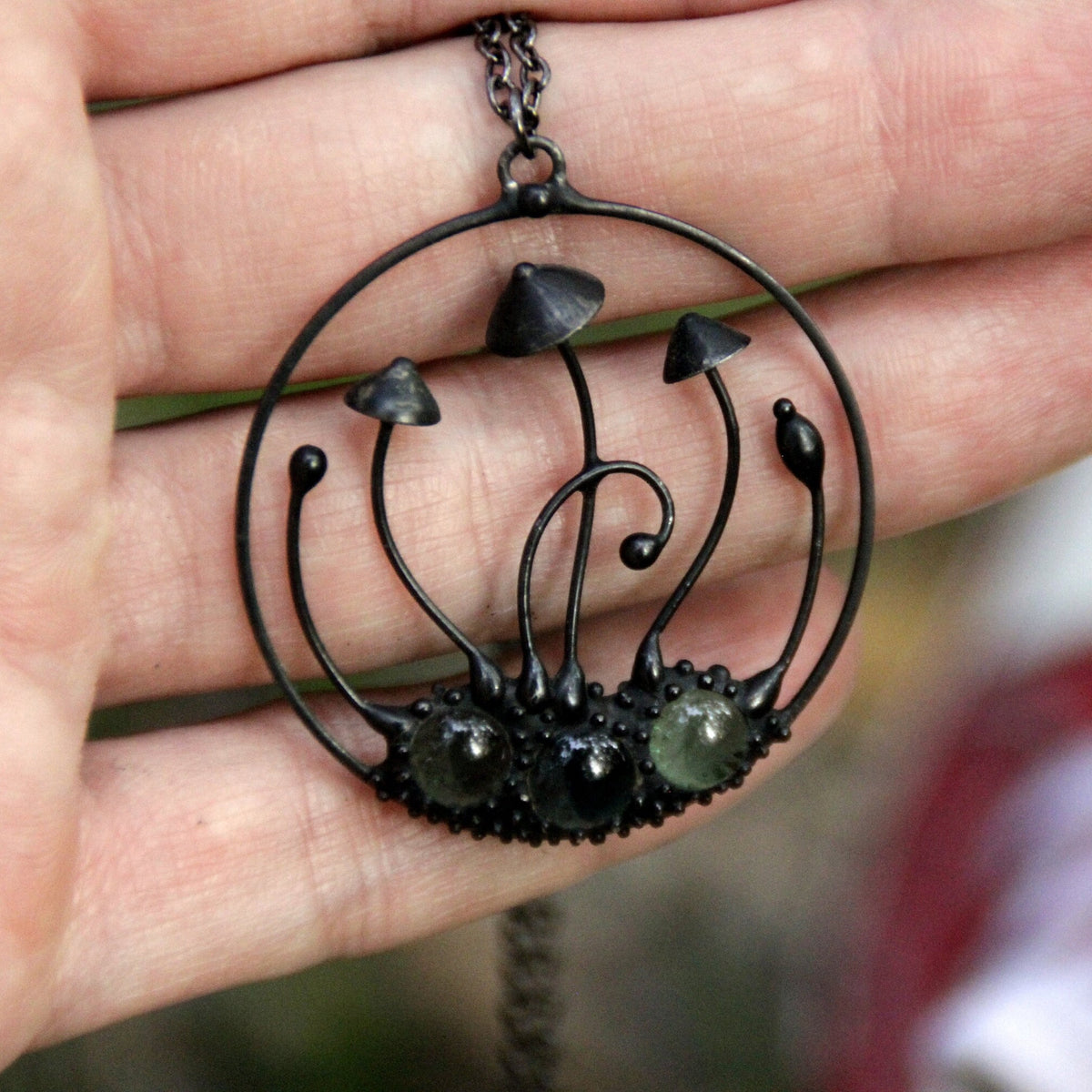 Green Glass Mushroom Necklace – Blackened Copper Round Forest Pendant – Botanical Fungi
