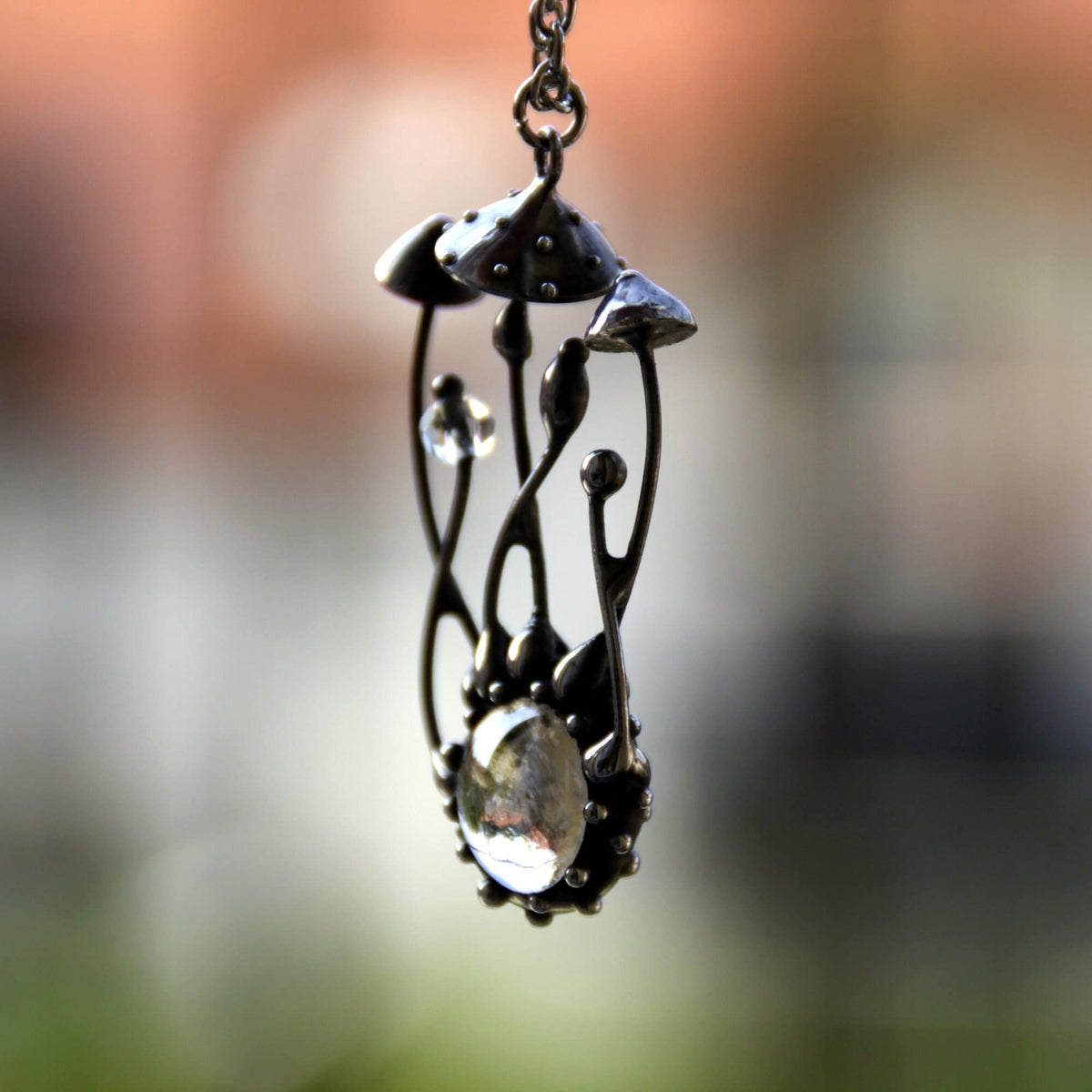 Clear Glass Amanita Mushroom Necklace – Silver Tone