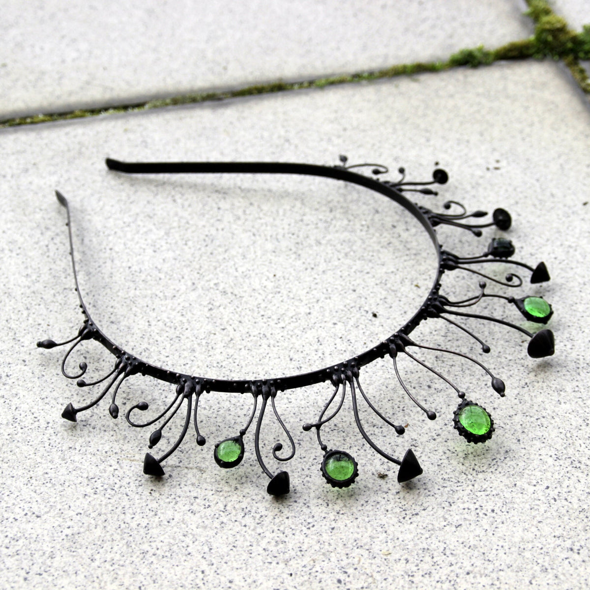 Black Mushroom Crown with Green Glass
