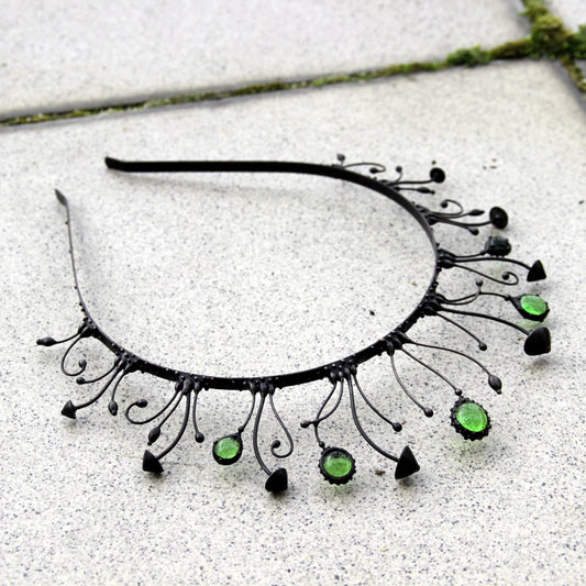 Black Mushroom Crown with Green Glass
