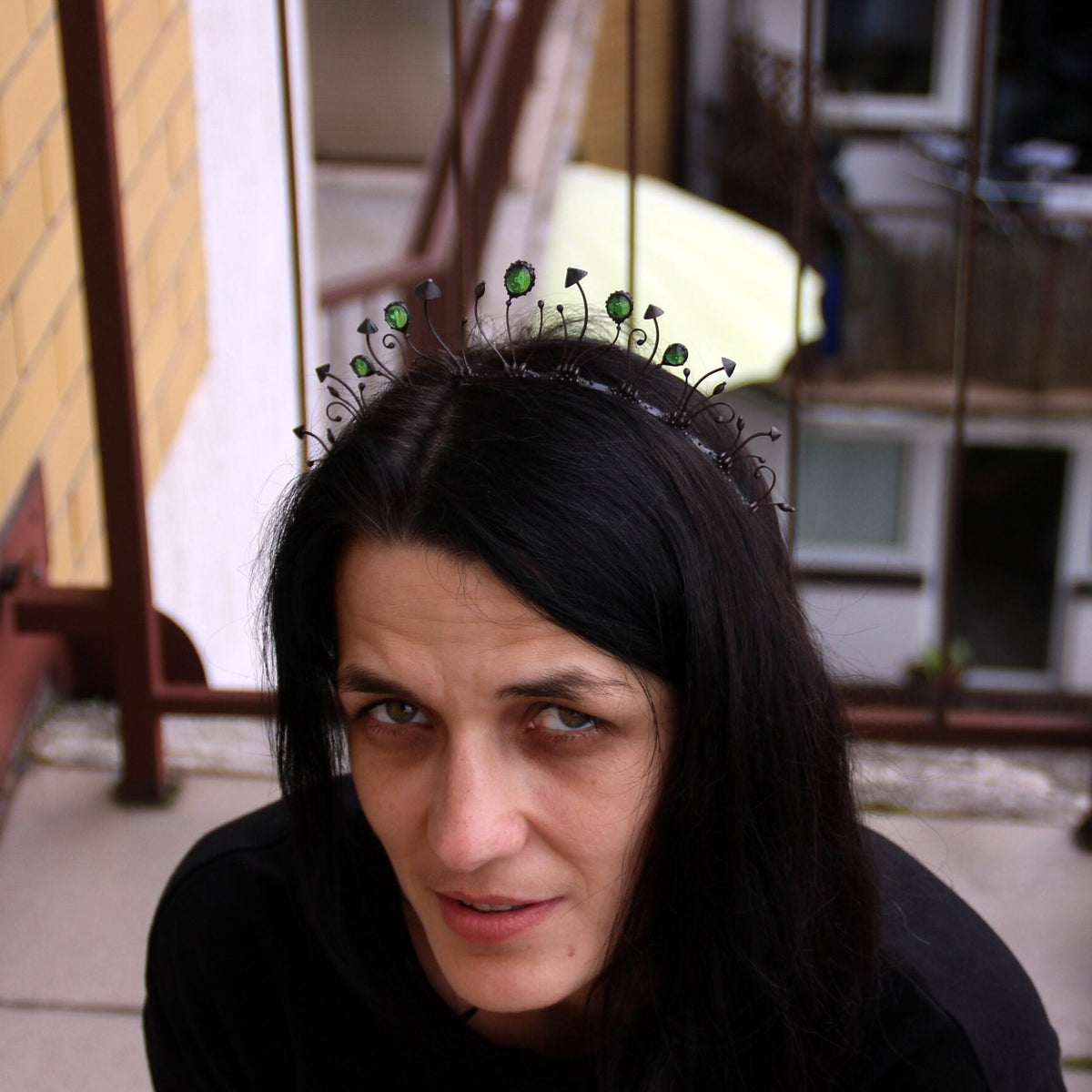 Black Mushroom Crown with Green Glass