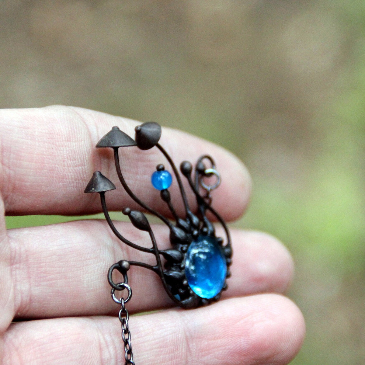 Blue Glass Mushroom Necklace – Blackened Copper & Pewter Forest Pendant – Woodland