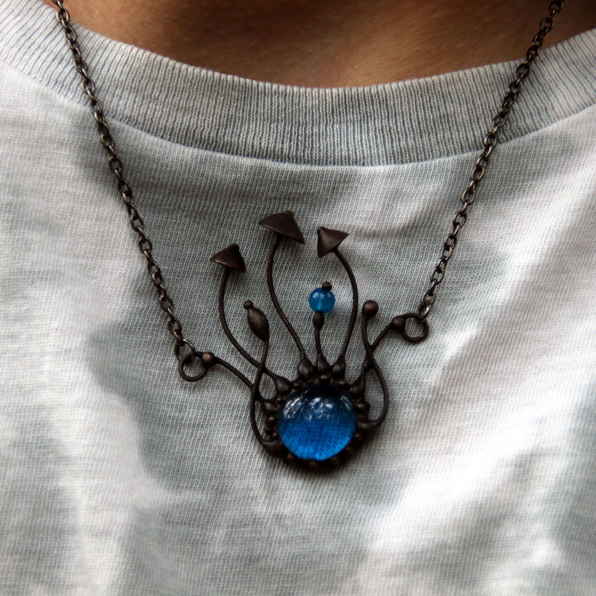 Blue Glass Mushroom Necklace – Blackened Copper & Pewter Forest Pendant – Woodland